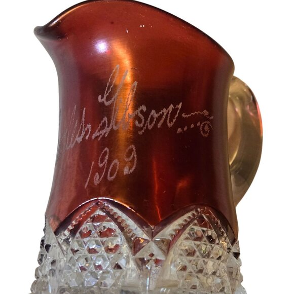 Antique 1909 Ruby Red Flash Glass Pitcher Small Etched Signature Clear Base - Picture 9 of 16